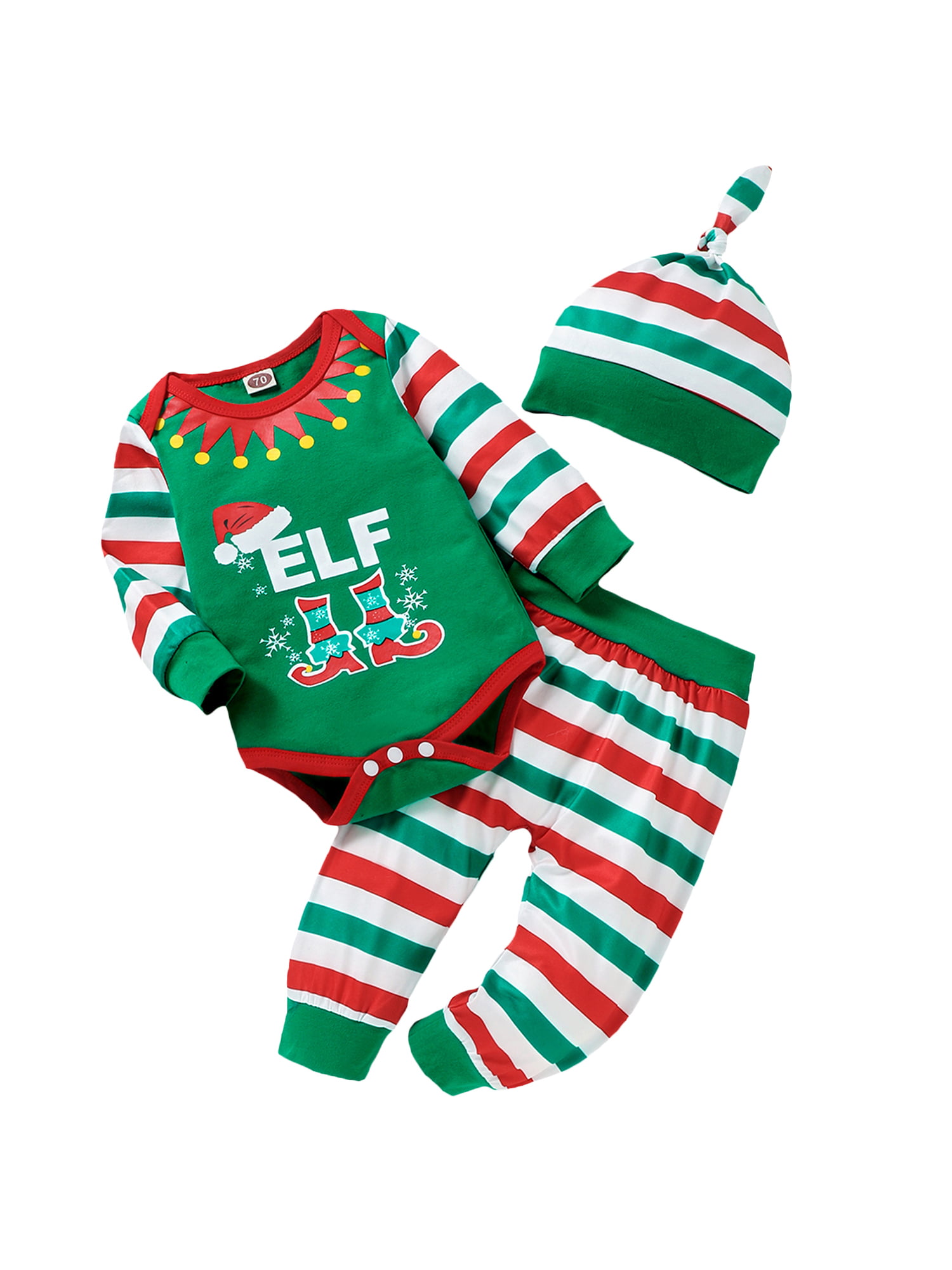 Infant Baby Boys Girls Christmas Xmas Romper Bodysuit+Striped Pants Hats Outfits 