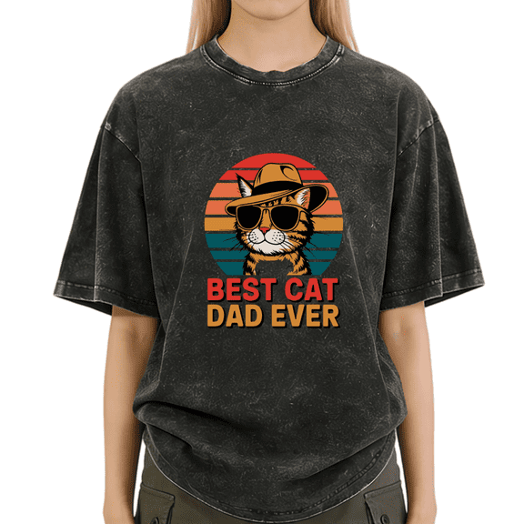 Black Washed Best Cat Dad Ever Minimalist Retro Cat Print Tshirt Graphic Tees Shirts Gift For Cat Dad S-2XL Tops