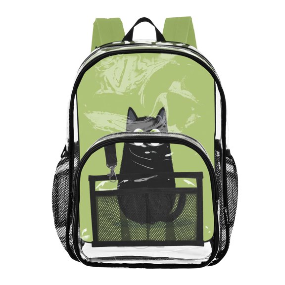 Clear PVC Backpack 12L Transparent Shoulder Bag with Mesh Pockets Cartoon Quiet Black Cat