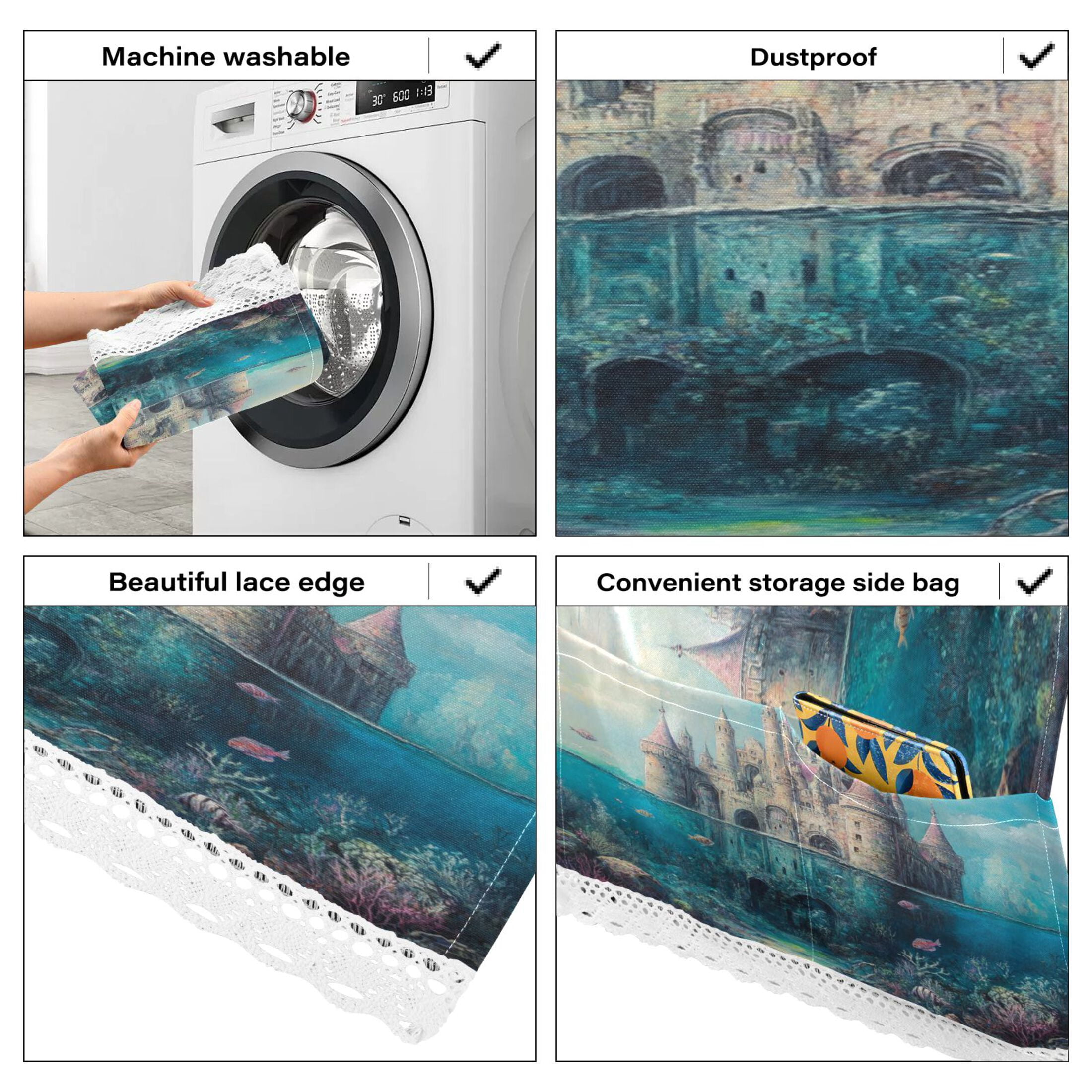 Seabed CastleWasher and Dryer Covers Dust-Proof and Oil Resistant Fridge Cover with 4 Storage Pockets Washing Machine Top Cover for Laundry Kitchen Home 51.2 x 22 In