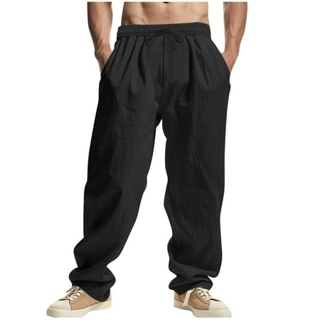 Linen Pants for Men Casual Breathable Beach Full Trousers 2025 Summer Cotton Jogging Trousers Solid Straight Leg Lounge Pants Drawstring Tracksuit Bottoms S-3xl