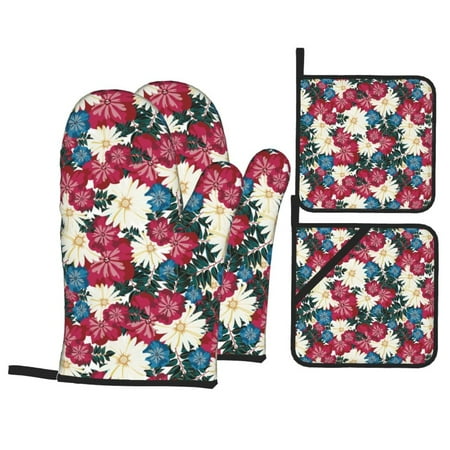 

Oven Mitts and Pot Holders 4 Piece Beautiful flower High Heat Slip Resistant Oven Mitt and Trivets Set Kitchen Oven Glove Pot Holders for Cooking Baking Grilling