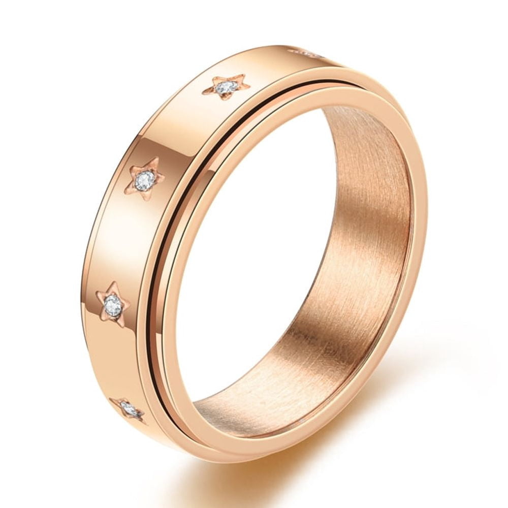 Anxiety Fidget Spinner Rings Korean 14K Yellow Gold Simple Zircon Star Rings for Women Men Anti Stress Jewelry