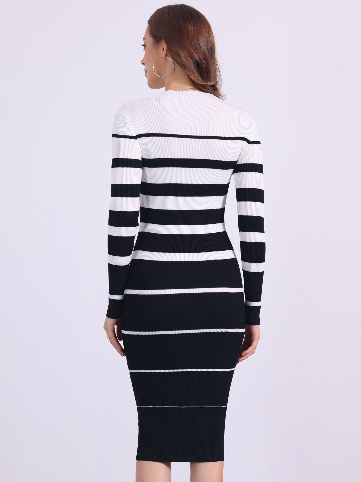 DARING DIVA Women's Striped Long Sleeve Crew Neck Ribbed Knit Dress L White