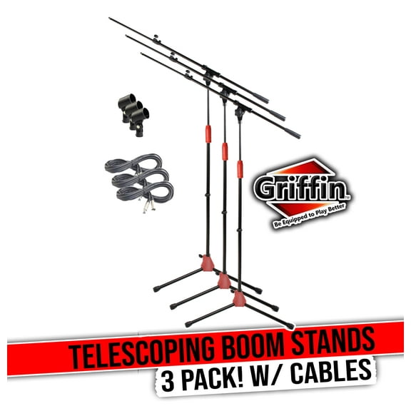 Griffin Microphone Stand with Mic XLR Cable & Clip (Pack of 3) - Telescoping Boom Tripod Quality for Studio, Karaoke, Live Performances, Conferences - 20 ft Pro Audio Mic Cord Patch