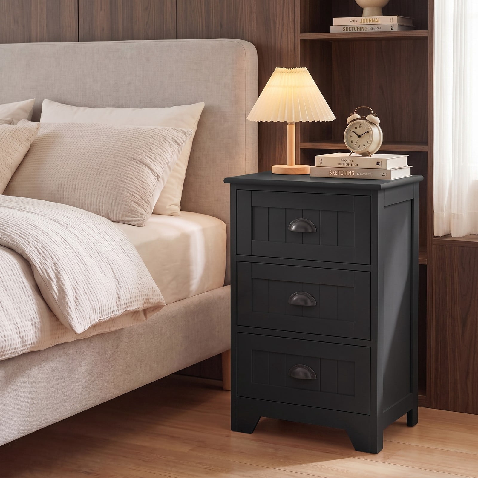 Furnibear 3 Drawer Nightstand with Cup Pull Handles, Farmhouse Bedside Table and Storage Cabinet for Bedroom and Living Room, Black