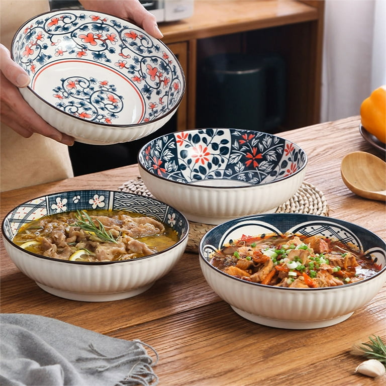 Set Of 4 Ceramic Pasta Bowls - 45 Oz, 8.5 Inch Wide, Vintage Blue Floral Design