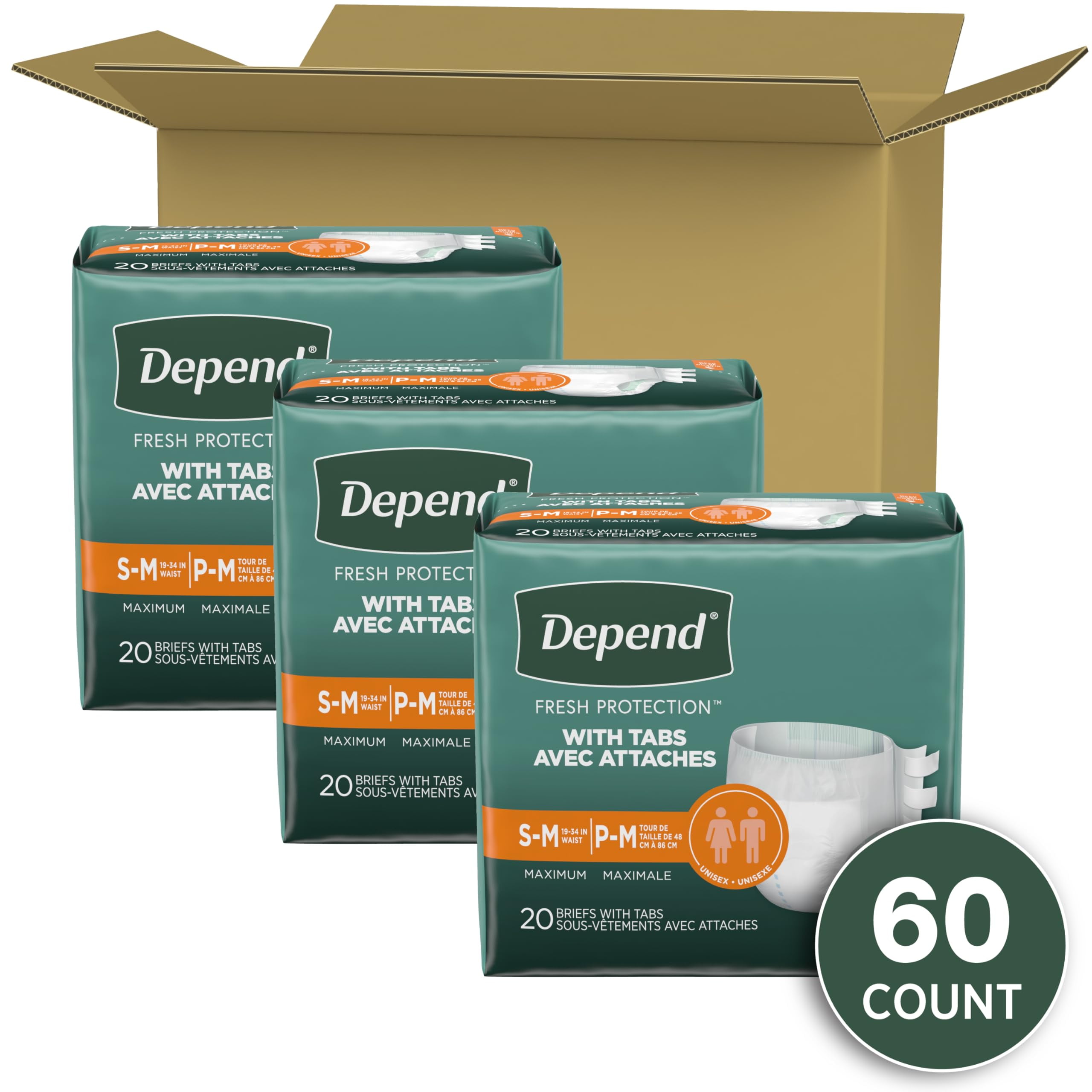 Depend Incontinence Protection with Tabs, Unisex, Small/Medium (19-34" Waist, Up To 170 lbs), Maximum Absorbency, 60 Count (3 Packs of 20)