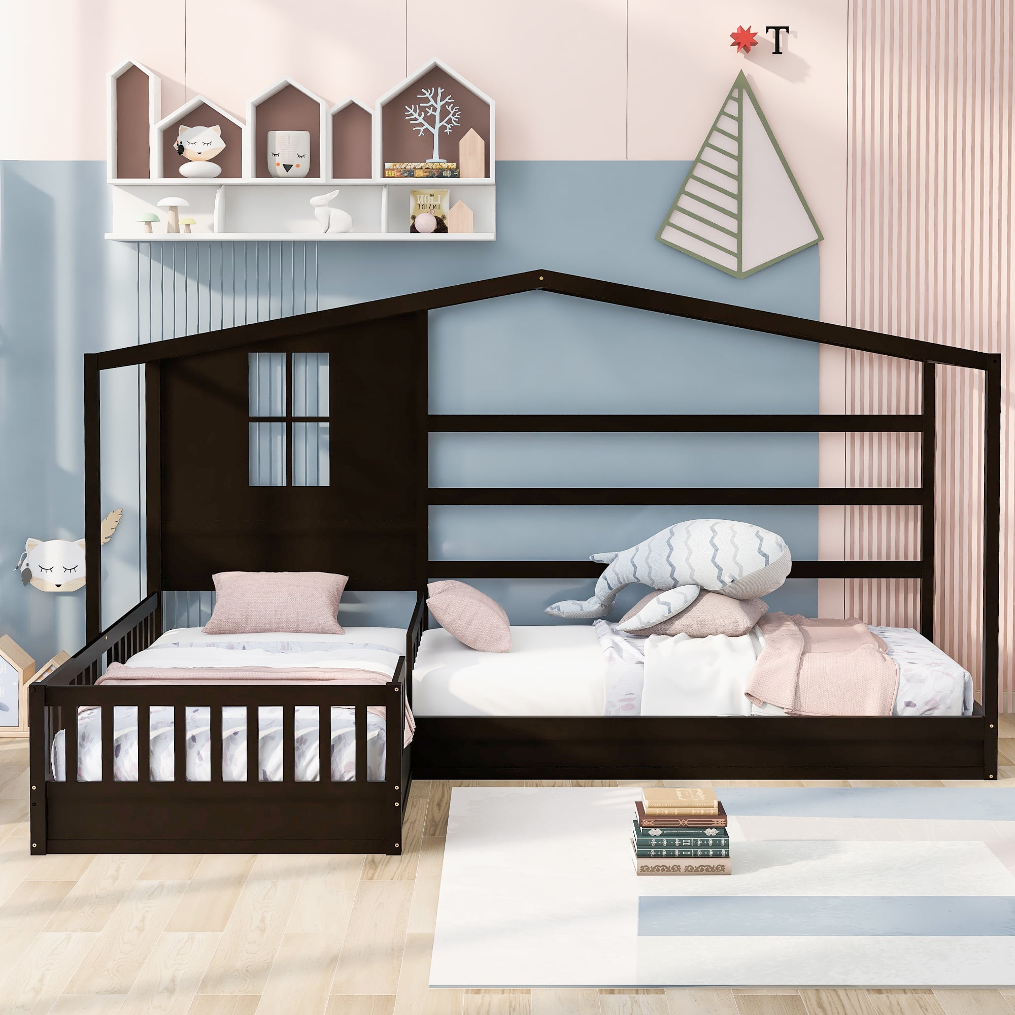 Wooden Twin and Twin Corner Bed with Fence and Slatted Frame, L Shaped