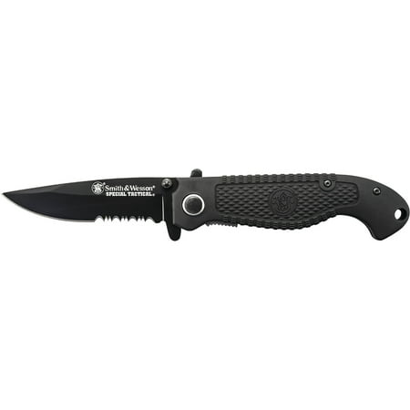 Smith and Wesson Special Tactical Liner Lock Folding Knife Partially Serrated Drop Point Blade Composite Handle
