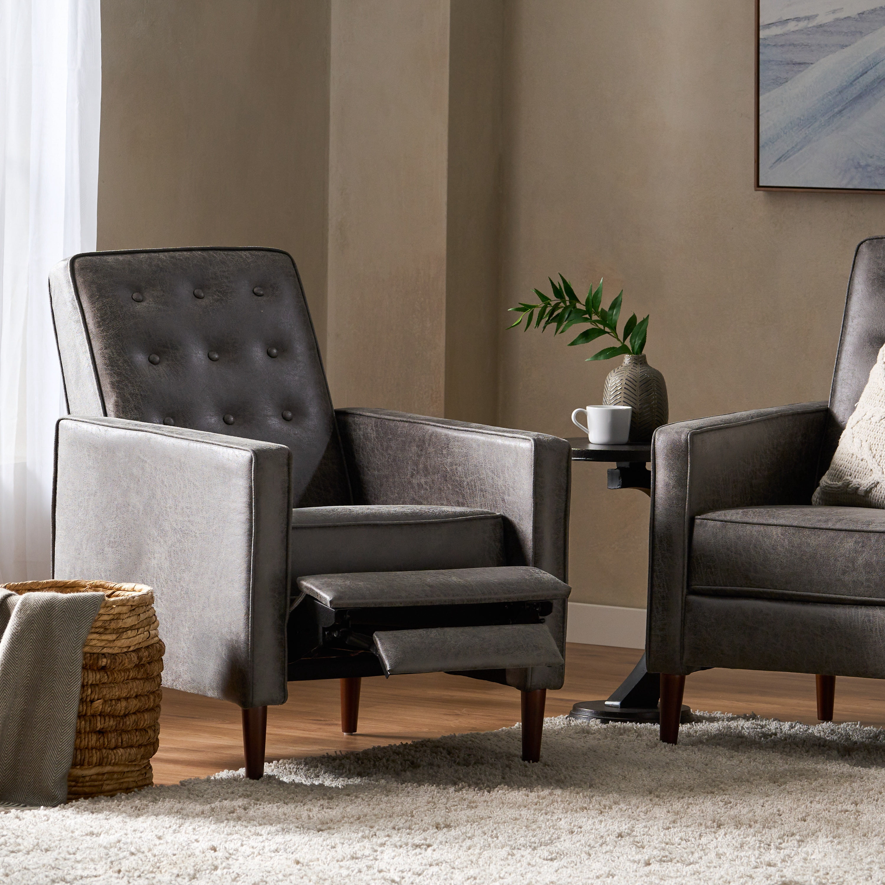Euroco Modern Fabric Recliner Chair with Espresso Wood Legs, Adjustable Backrest & Plush Upholstery, Space-Saving Design