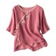 thumbnail image 1 of Camiseta holgada de algodón y lino con cuello en V y mangas 3/4 para mujer - Top informal de color liso con detalles intrincados, tallas M-XXXXL, 1 of 4