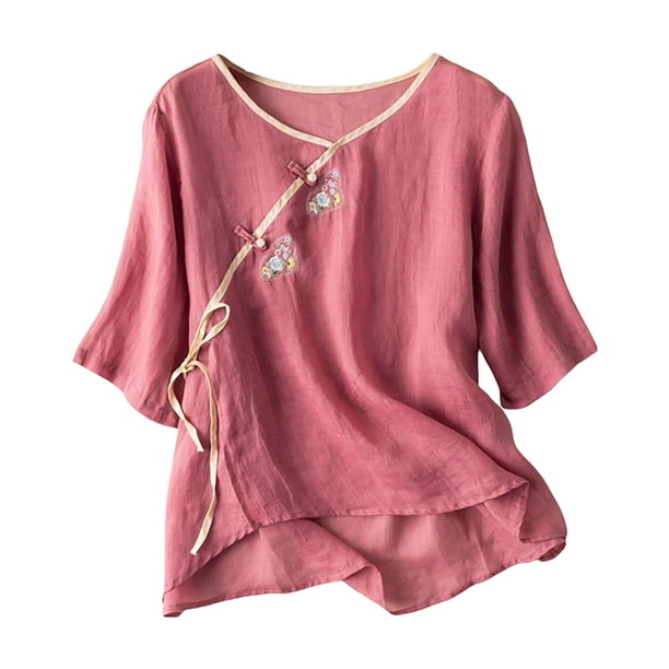 Camiseta holgada de algodón y lino con cuello en V y mangas 3/4 para mujer - Top informal de color liso con detalles intrincados, tallas M-XXXXL