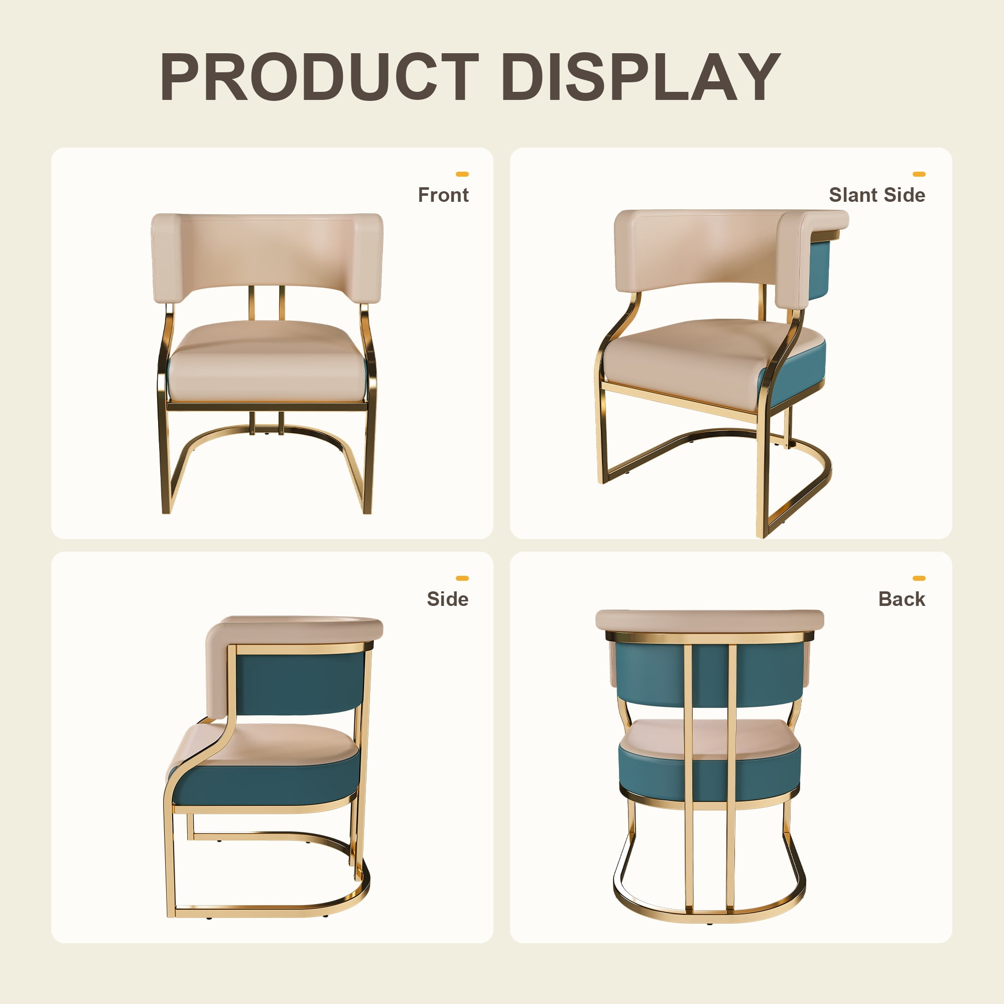 Set of 2 Modern Dining Chairs with Gold Plated Iron Frame, PU Upholstered Accent Chairs, Ergonomic Curved Back Armless for Kitchen, Dining Room, Apartment, Blue