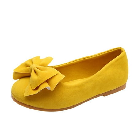 Toddler Girls Dress Shoes  Infant Baby Non Slip Princess Shoes  Kids Front Bowknot Low Heels Party Wedding Dance Shoes Yellow 5-6T