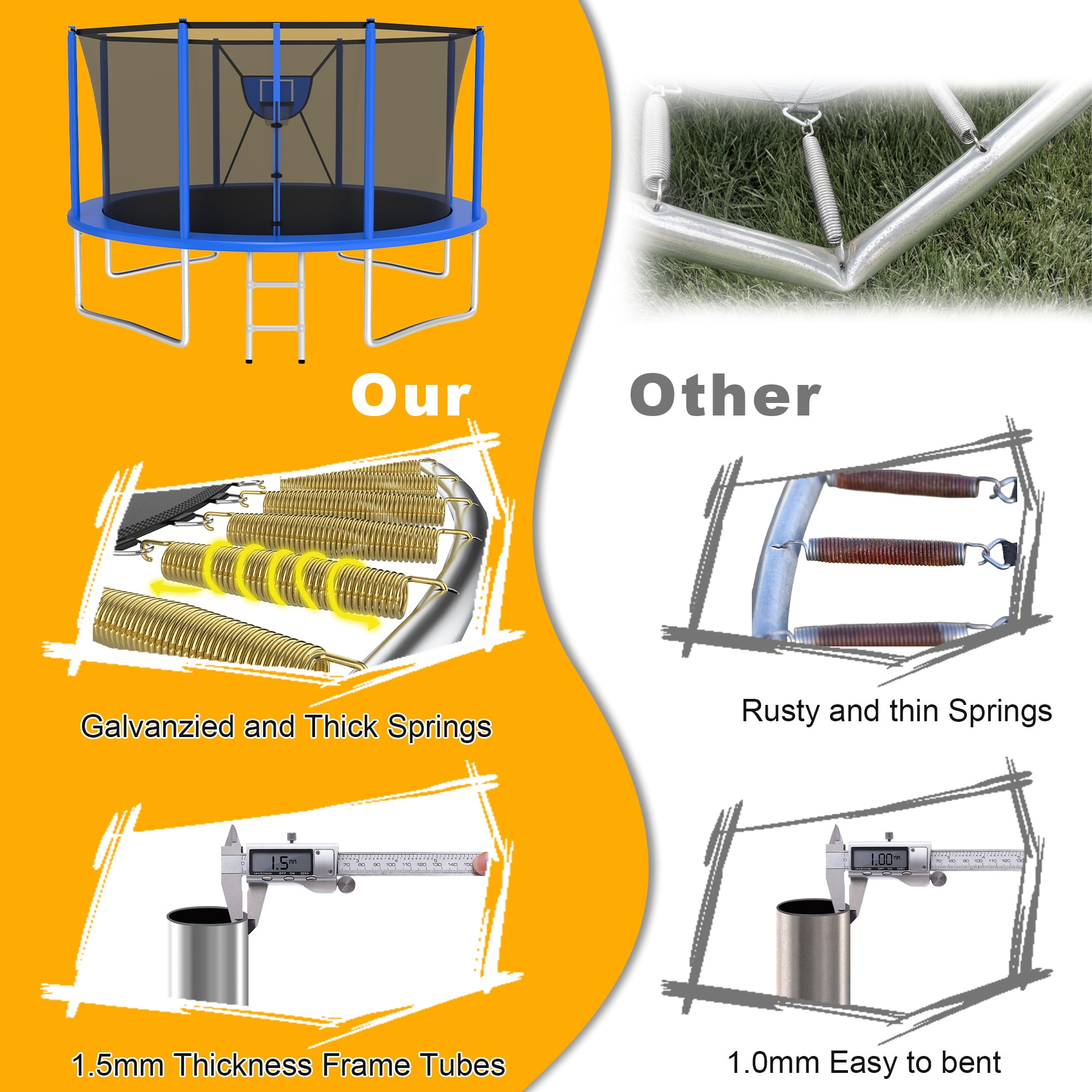 XMIKA Trampoline with Enclosure for Kids, 1200LBS 12FT Trampolines with Basketball Hoop, 10FT 14FT 16FT Outdoor Heavy Duty Recreational Trampoline with Ladder, Lights, Sprinkler, Easy to Install