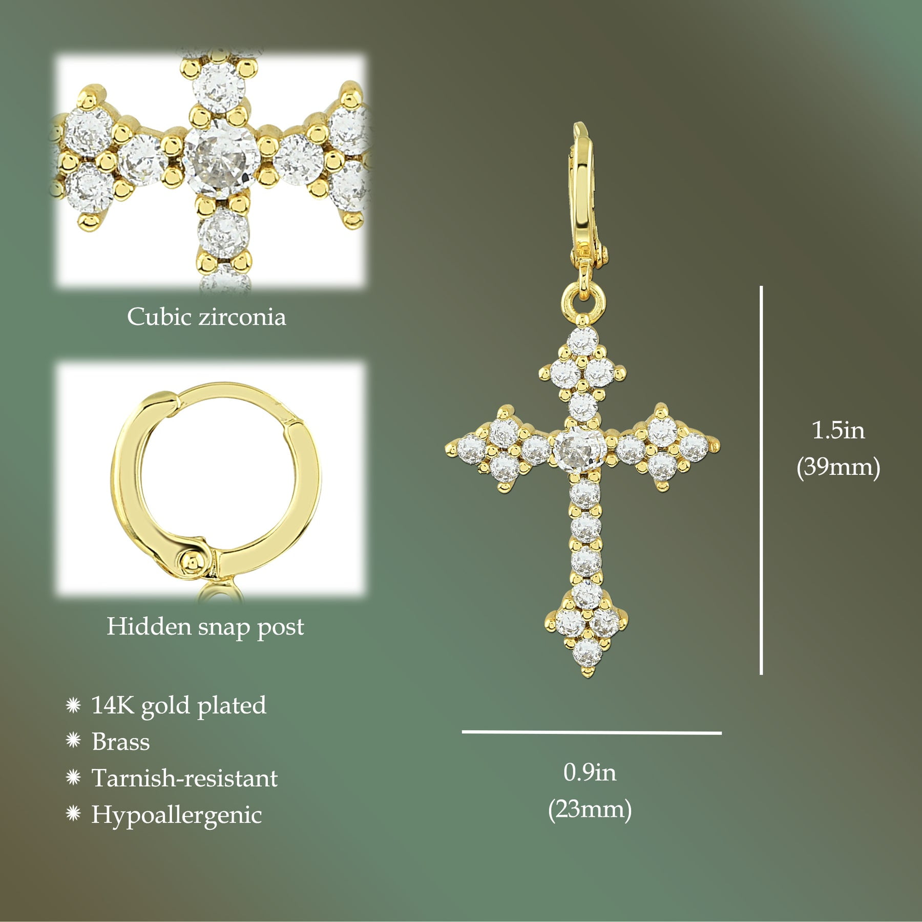 Diamond Cross Dangle Earrings - 14K Gold Plated Cubic Zirconia Crystal Earrings - Cross Earrings, CZ Hoop Huggies, Christian Jewelry for Women, Dangling Cross Huggies