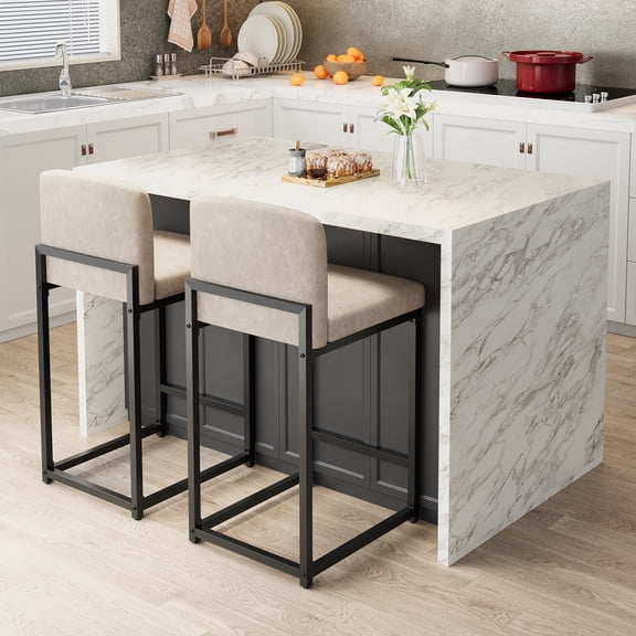 Bar Stools Set of 2, Counter Height Stools with Backs and Footrest, 24.8-Inch Barstools Chairs, Synthetic Leather, Mid-Century Modern, Dining Kitchen Island