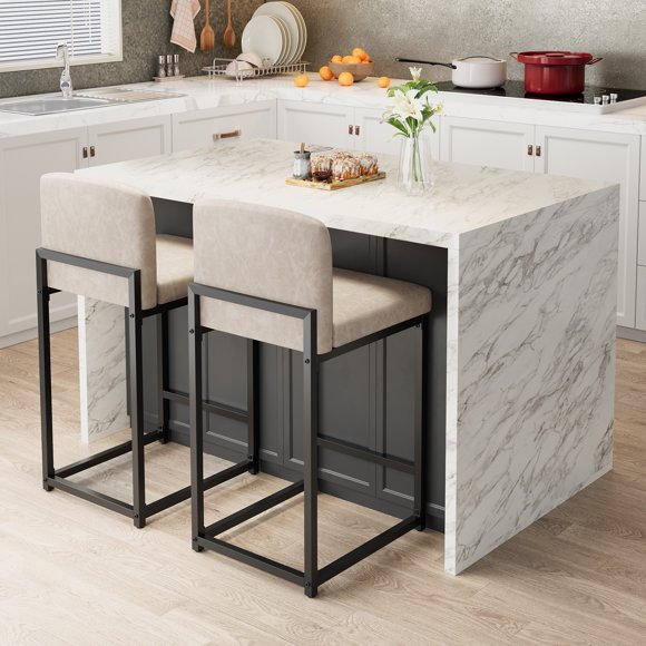 Ensemble de 2 Tabourets de Bar Modernes - Chaises Rembourrées de 24,8 Pouces Hauteur Comptoir en Similicuir avec Dossier pour Îlot de Cuisine, Salle à Manger, Bar à la Maison - Pieds en Métal Robustes, Assise Confortable