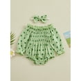 thumbnail image 3 of St Patricks Day Baby Girl Outfit Clover Print Smocked Bubble Romper Jumpsuits with Headband 0 6 12 18 24 Months Cotton Spring Clothes, 3 of 8