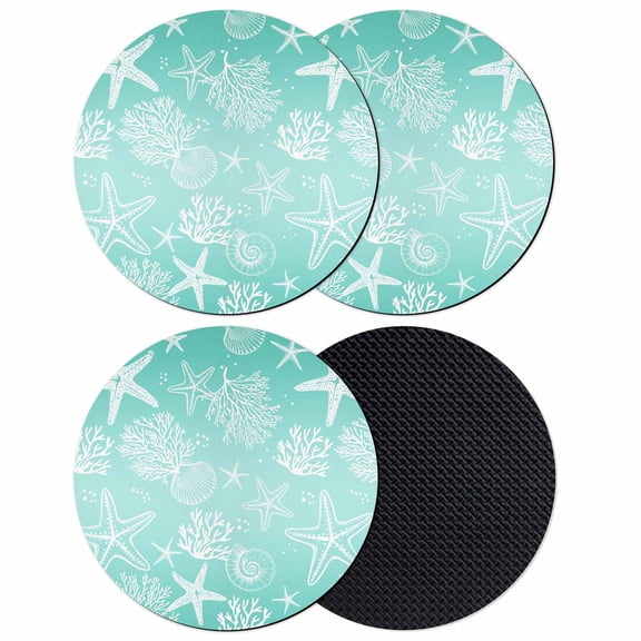 Teal Ombre Coastal Coasters Set of 4, Absorbent Coasters for Drinks, Nautical Beach Starfish Coral Summer Coaster for Desk Coffee Table Protection, Home Decor House Warming Gifts 4"