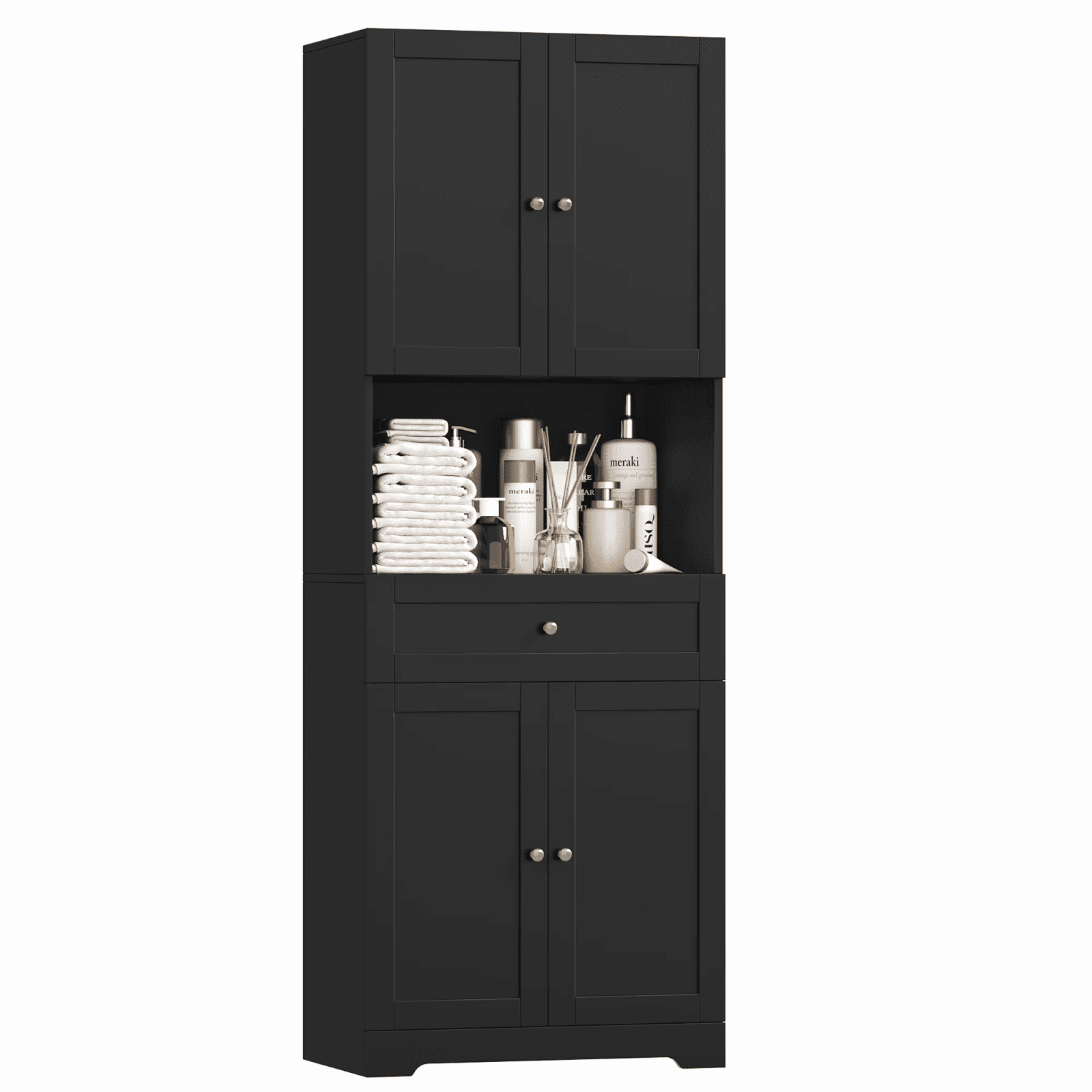 Homfa 67.5" Tall Farmhouse Bathroom Storage Cabiet with Drawer, 4 Door Modern Freestanding Storage Cabinet Cupboard, Black