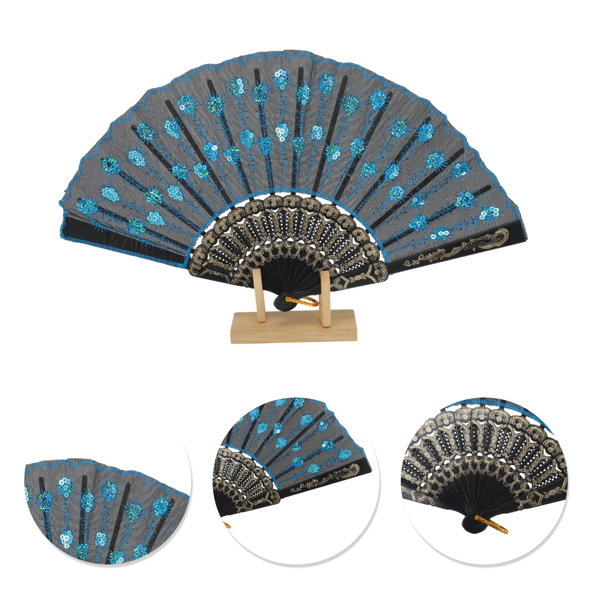 Unique Bargains Beautiful Sequins Folding Fan 1 Pc Brigth Blue