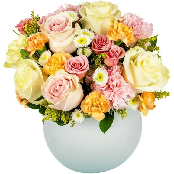 Champagne Dreams by Arabella Bouquets Bi-Color Orange Roses with Vase Shipped in Water, Flowering
