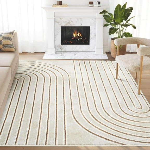 Abani Glam Collection Area Rug - Beige/Cream Modern Abstract Design - 8' x 10' - for Living Room, Bedroom & Office