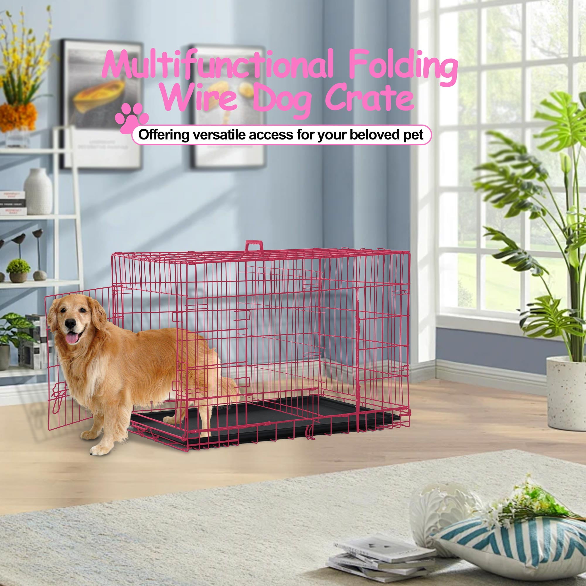Pink Dog Xl Dog Crate Bed Durable Large Dog Crate, Folding Metal