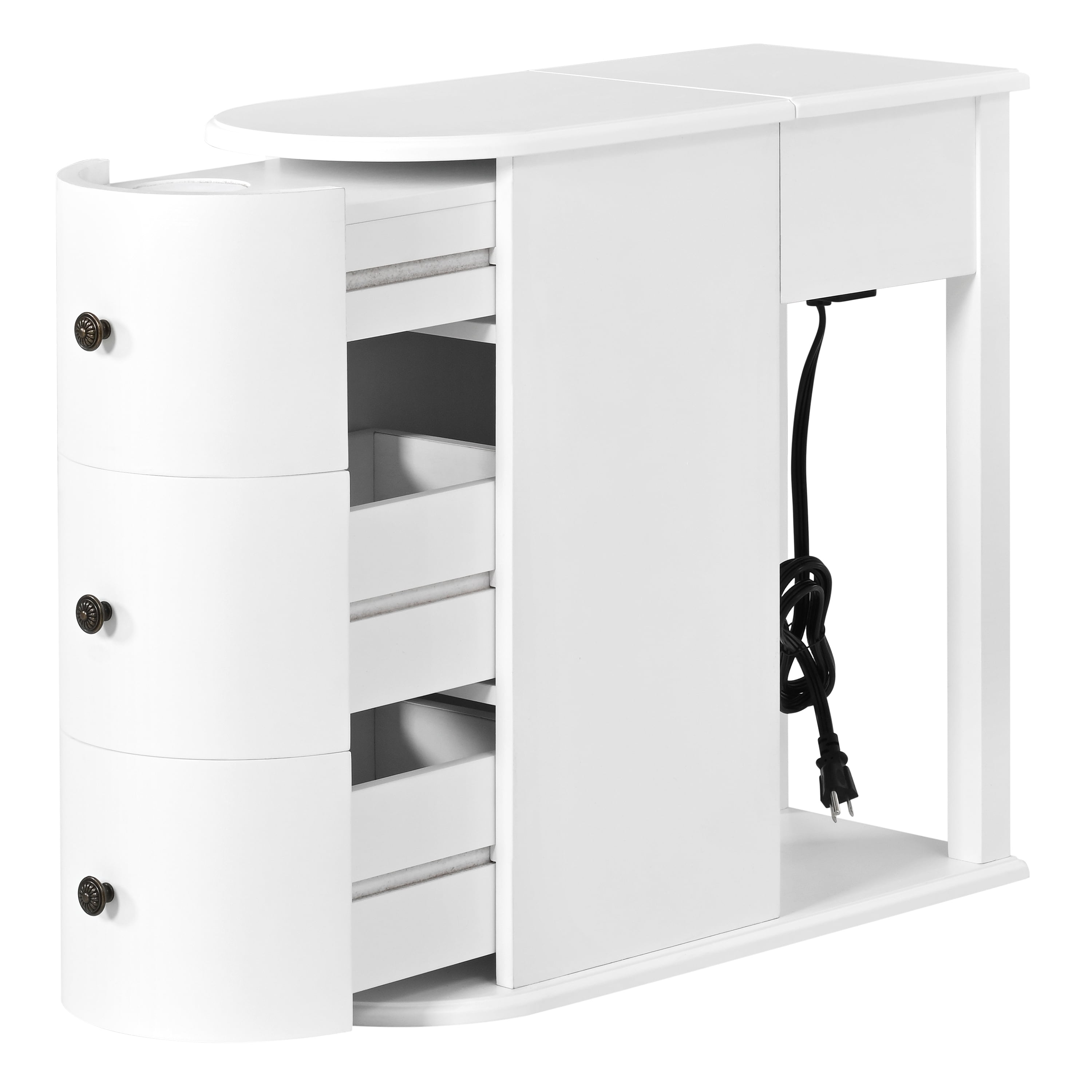 Modern End Table with Hidden Cup Holder Drawer, Charging Station & Pull-Out Side Table, Wooden Bedside Table with 2 Storage Drawers, Space Saving End Table for Bedroom & Living Room