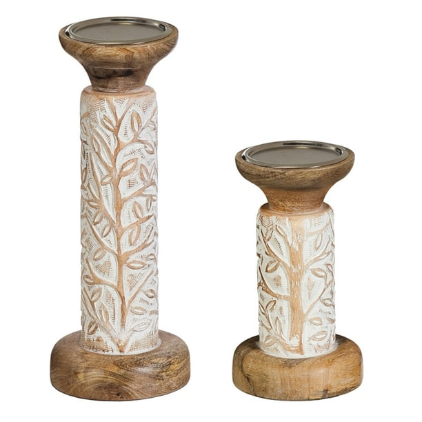 Hand Carved Pillar Holder, Set of 2