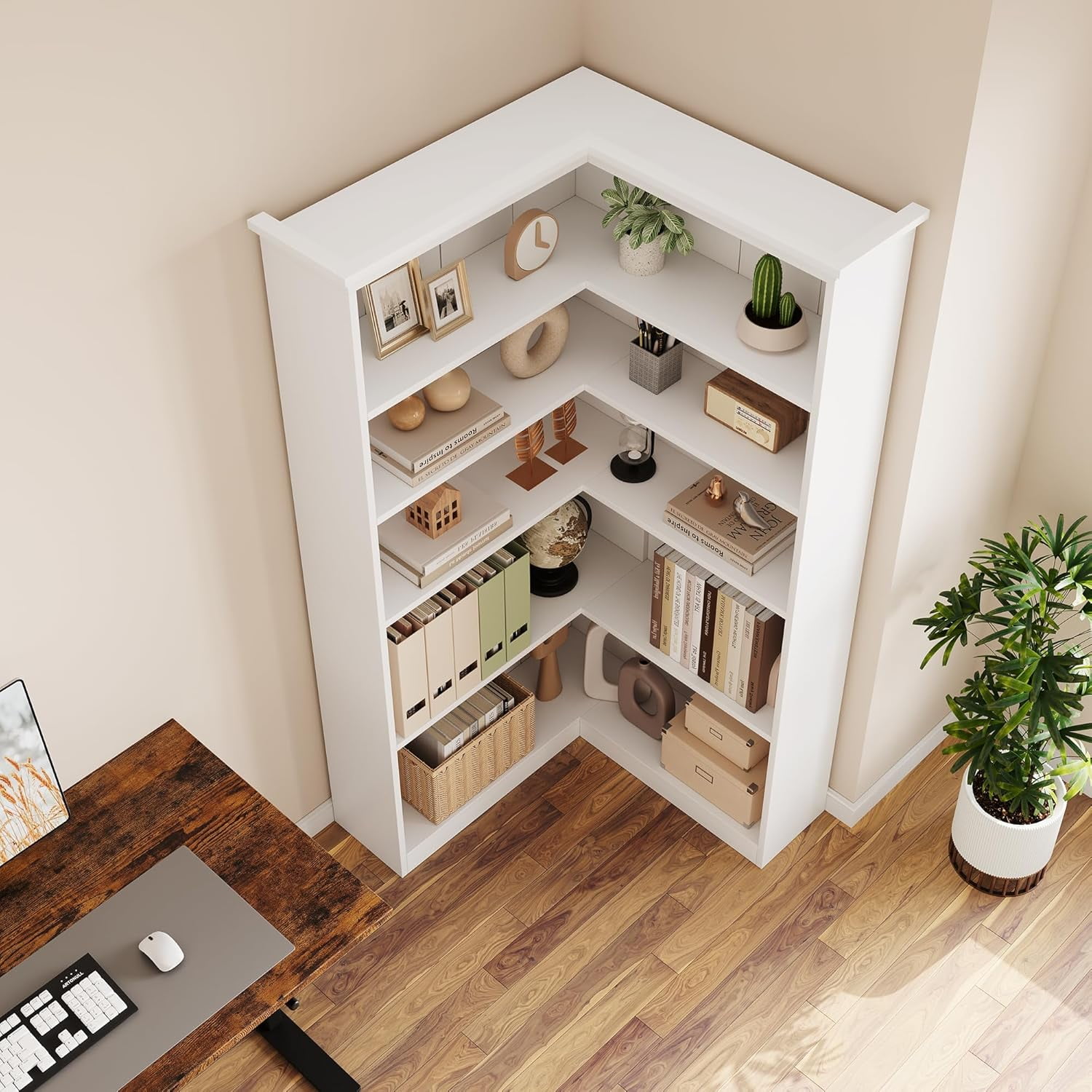 NEILA Farmhouse Corner Bookshelf – 72.8” Tall L-Shaped Bookcase with 5 Tiers, Wood Display Rack for Office and Bedroom,Panel Design in White