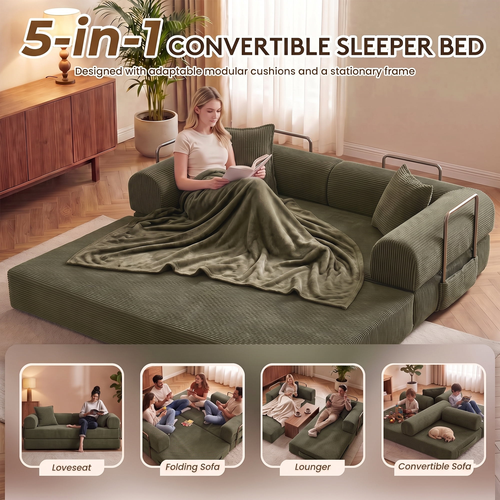 Aukfa 79" Convertible Futon Sofa Bed with Fixed Frame, 5-in-1 Boneless Couch for Living Room, Corduroy, Green