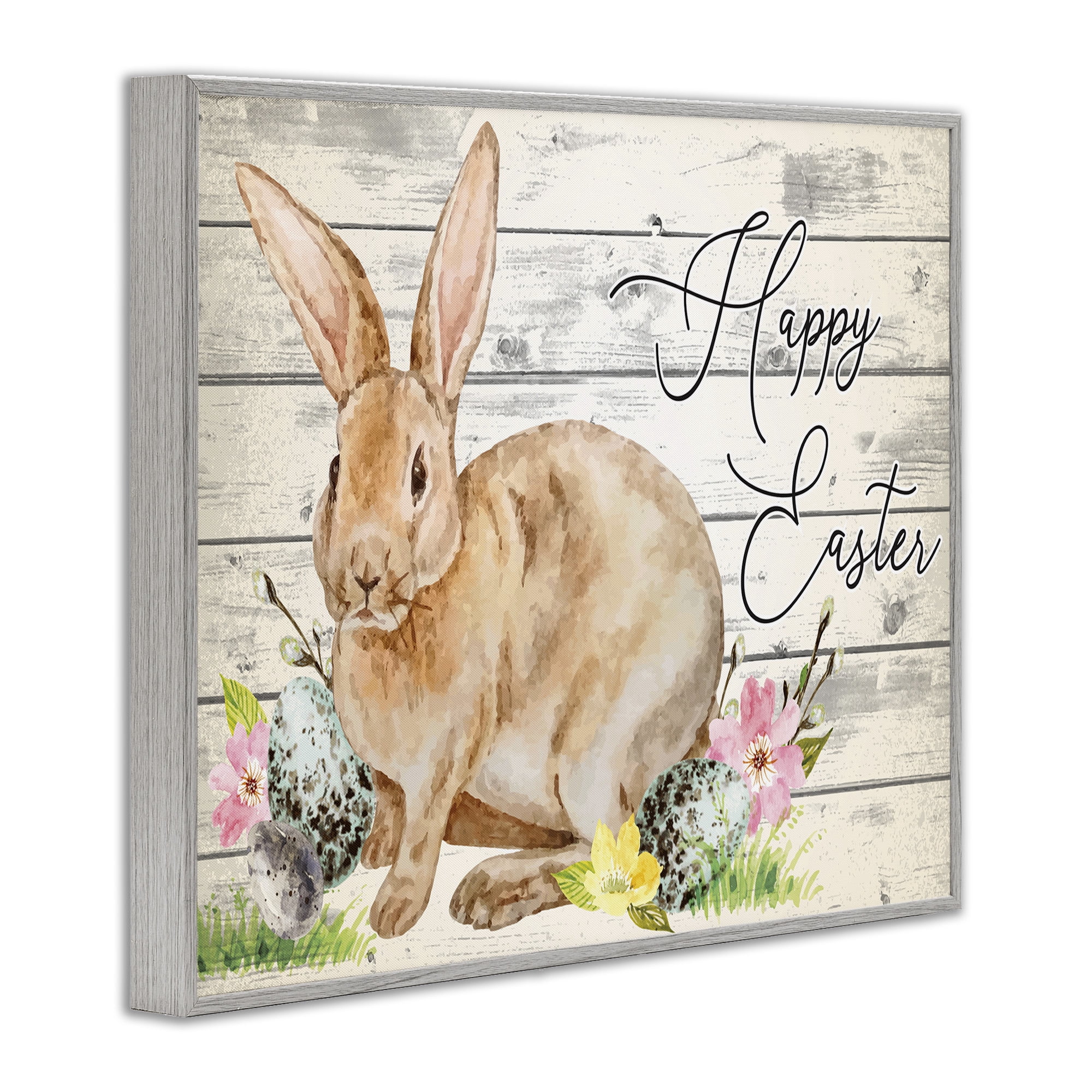 Spring Floral Happy Easter Bunny Gray Framed Giclee Art, 14 x 11, By Nicole DeCamp