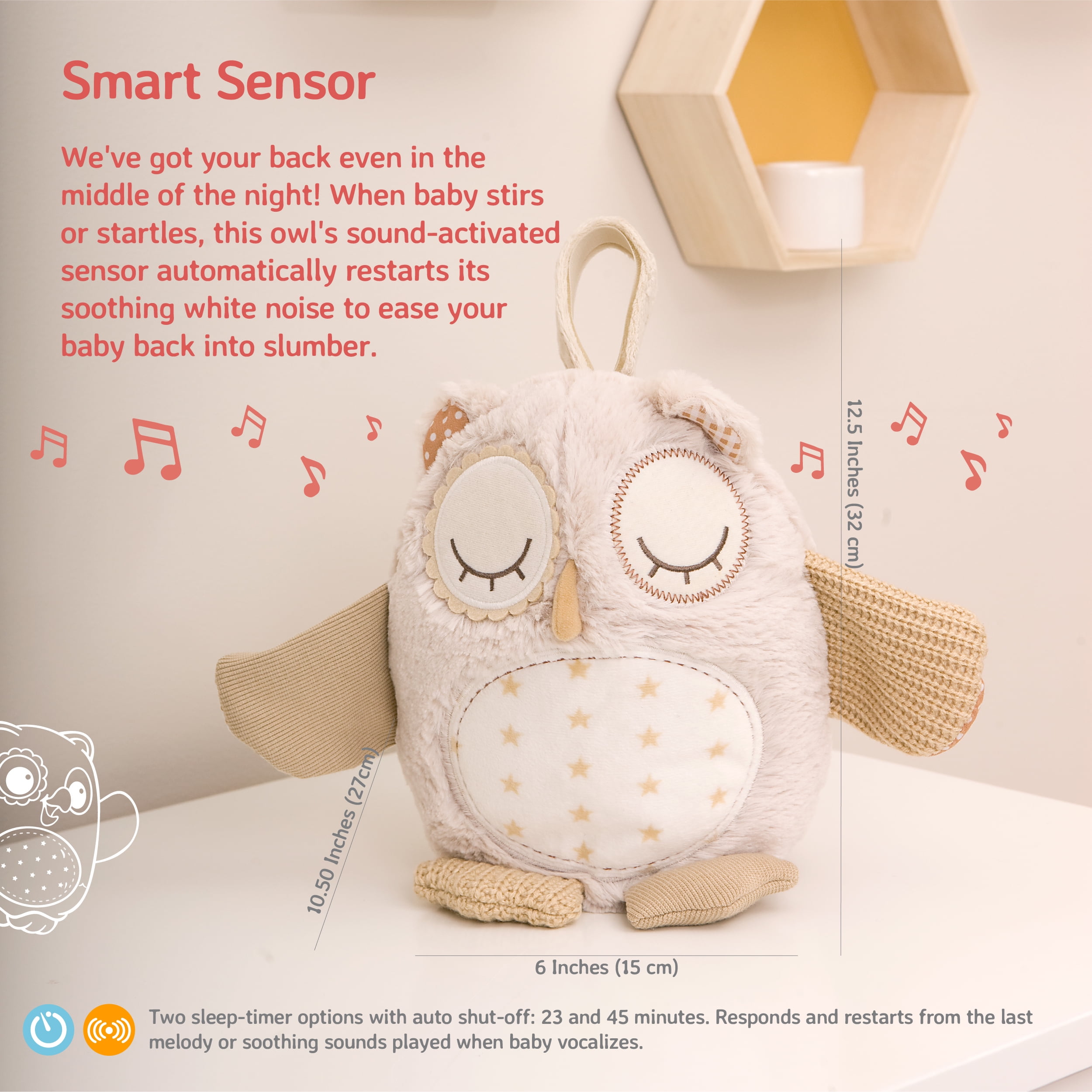 Cloud B | Nighty Night Owl Smart Sensor | Plush Soother with Soothing Sounds for Bedroom Sleep