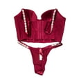thumbnail image 2 of Victoria's Secret Dream Angels Bra Corset Top Bejeweled Satin Strap Claret Red with Thong 2 Piece Set Cup Size 32DD/Medium Panty NWT, 2 of 5