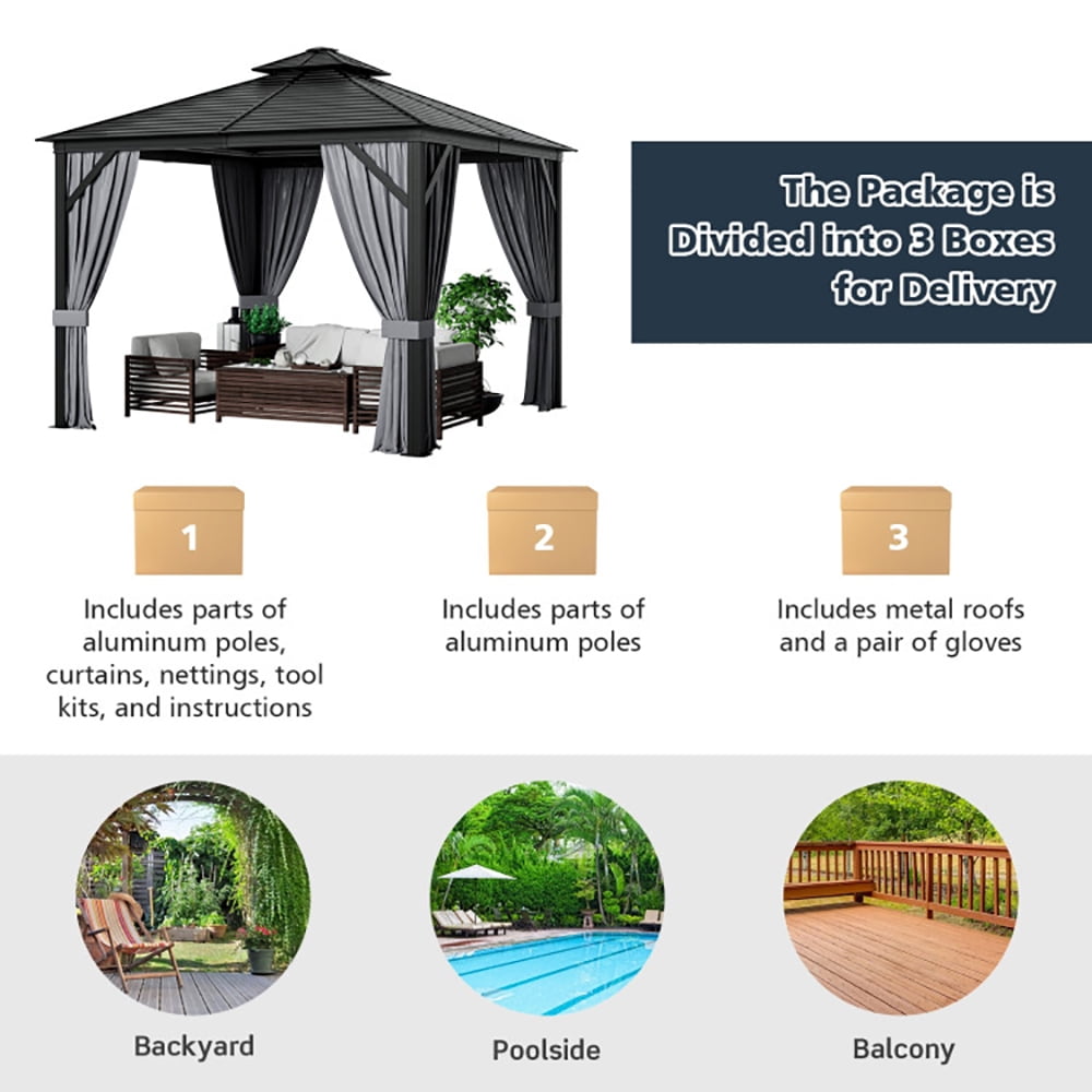 Aimee Lii 10 x 10 Feet Double-Top Hardtop Gazebo with Galvanized Steel Roof, Backyard Canopy Gazebo for Party Wedding BBQ Events, Gray Aimee Lii 10 x 10 Feet Double-Top Hardtop Gazebo with Galvanized Steel Roof, Backyard Canopy Gazebo for Party Wedding BBQ Events, Gray