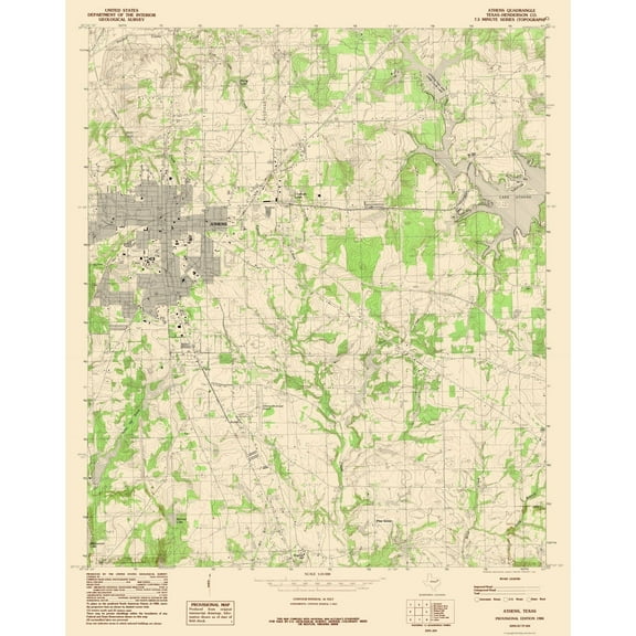 Topographical Map - Athens Texas Quad - USGS 1984 - Vintage Wall Art