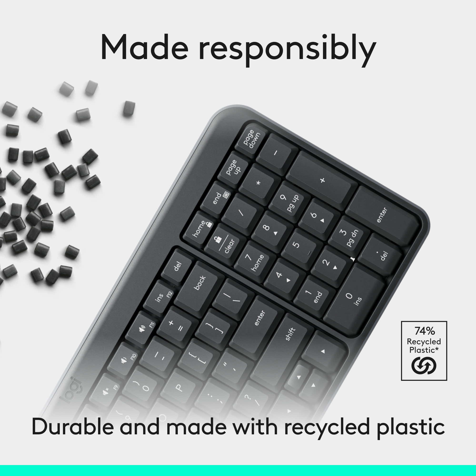 Logitech K250 Bluetooth Keyboard with Numpad, Easy Connectivity, Compact Wireless Keyboard made with Recycled Plastic, Graphite