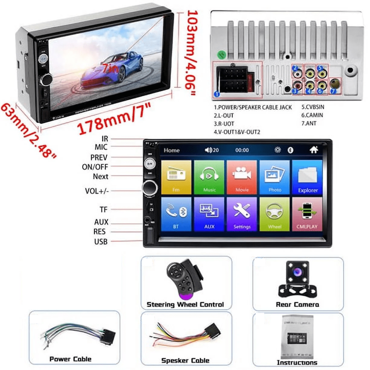 Podofo Car Stereo Double Din Car Radio 7 Inch MP5 Player with HD Touch Screen Digital Display Bluetooth Multimedia Support PhoneLink USB SD Aux Backup Camera