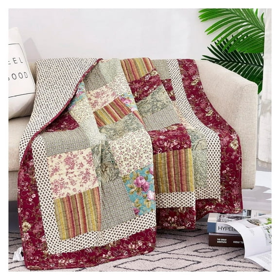 Tache Cotton Patchwork Quilt Blanket Country Farm Cottage Vintage Antique Ditsy Floral Paisley Burgundy Beige Lightweight Coverlet Tale Tea Party Quilted Throw Blanket, 50x60