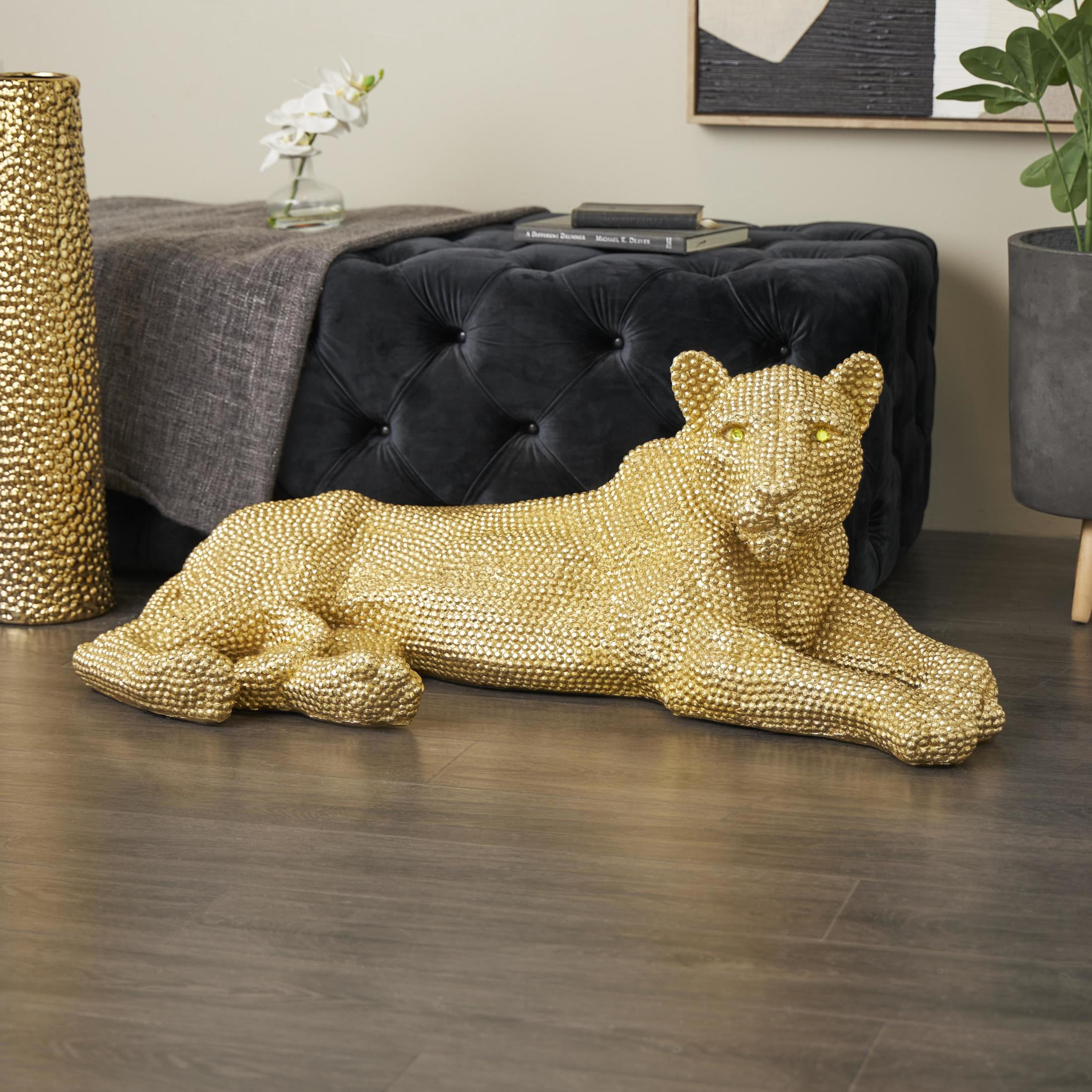 40" x 15" Gold Resin Laying Floor Leopard Sculpture with Carved Faceted Diamond Exterior, by DecMode