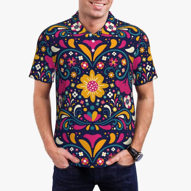 Fotbe Cinco De Mayo Floral Camiseta Polo de Golf para Hombre con Estampado – Camisa Deportiva Transpirable con Cuello Abotonado-Small