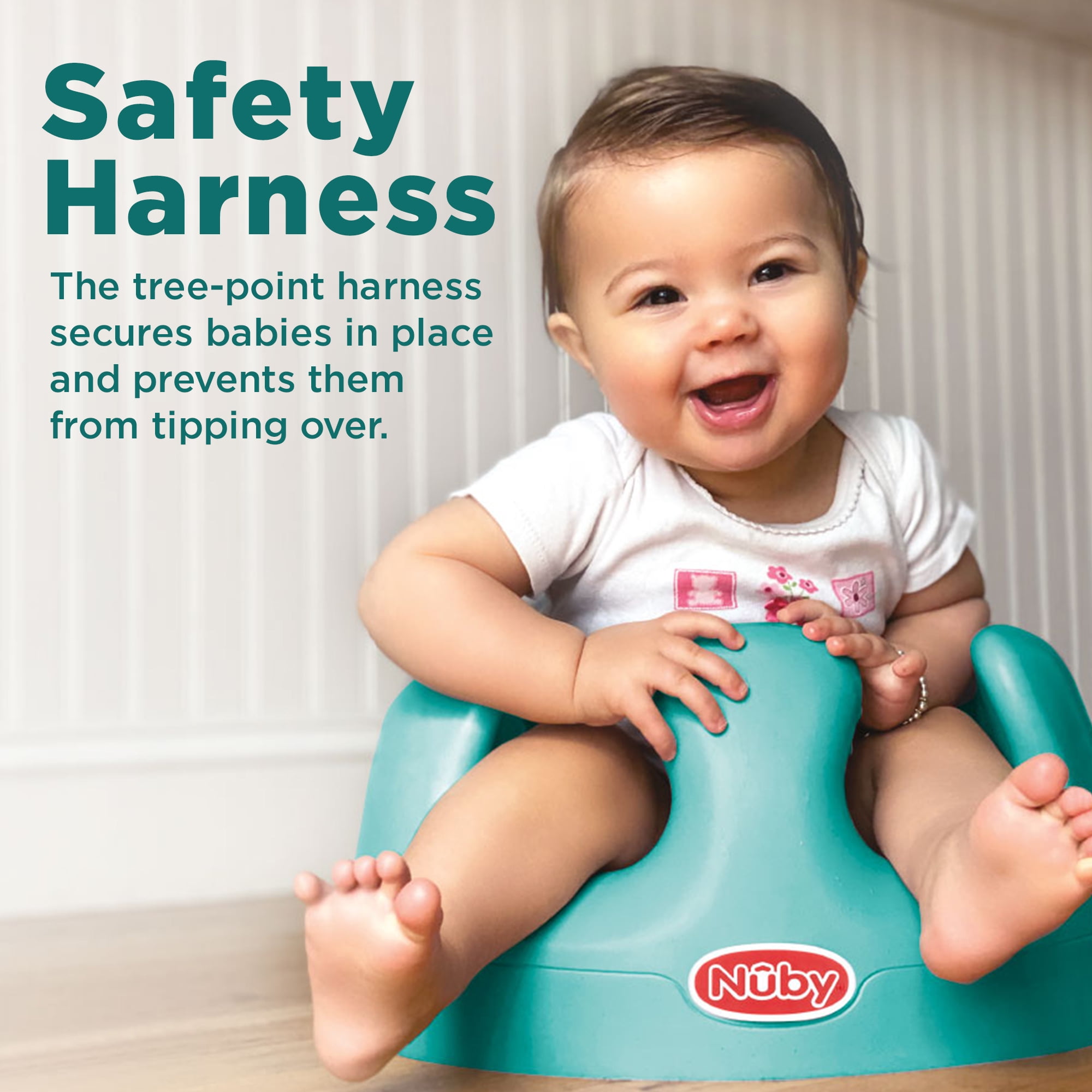 Nuby My Floor Seat Soft Foam Baby Booster Seat with 3-Point Harness, Aqua