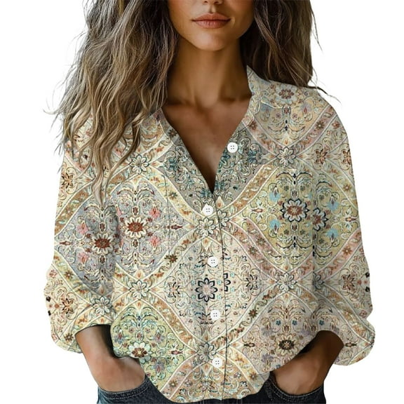 Cqxid525 Ladies Tops And Blouses Women Cotton Shirt Printed Fashion Button Down Shirts Casual Tops Long Sleeve Blouse Beige L