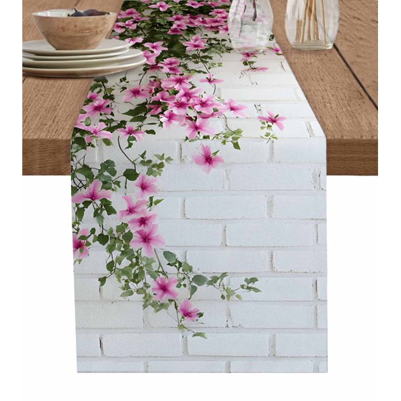 Pink Spring Floral Table Runner 72 Inches, Summer Flowers Farmhouse Bed Runner Dresser Scarves Tabletop for Indoor Outdoor Parties/Ceremony/Banquet, 16" x 72"
