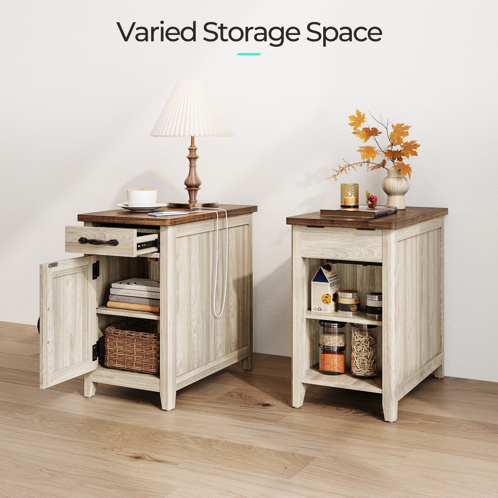 LINSY HOME End Tables for Living Room with Charging Station, Nightstand for Bedroom with Drawer and Detachable Holder,Washed Grey & Brown