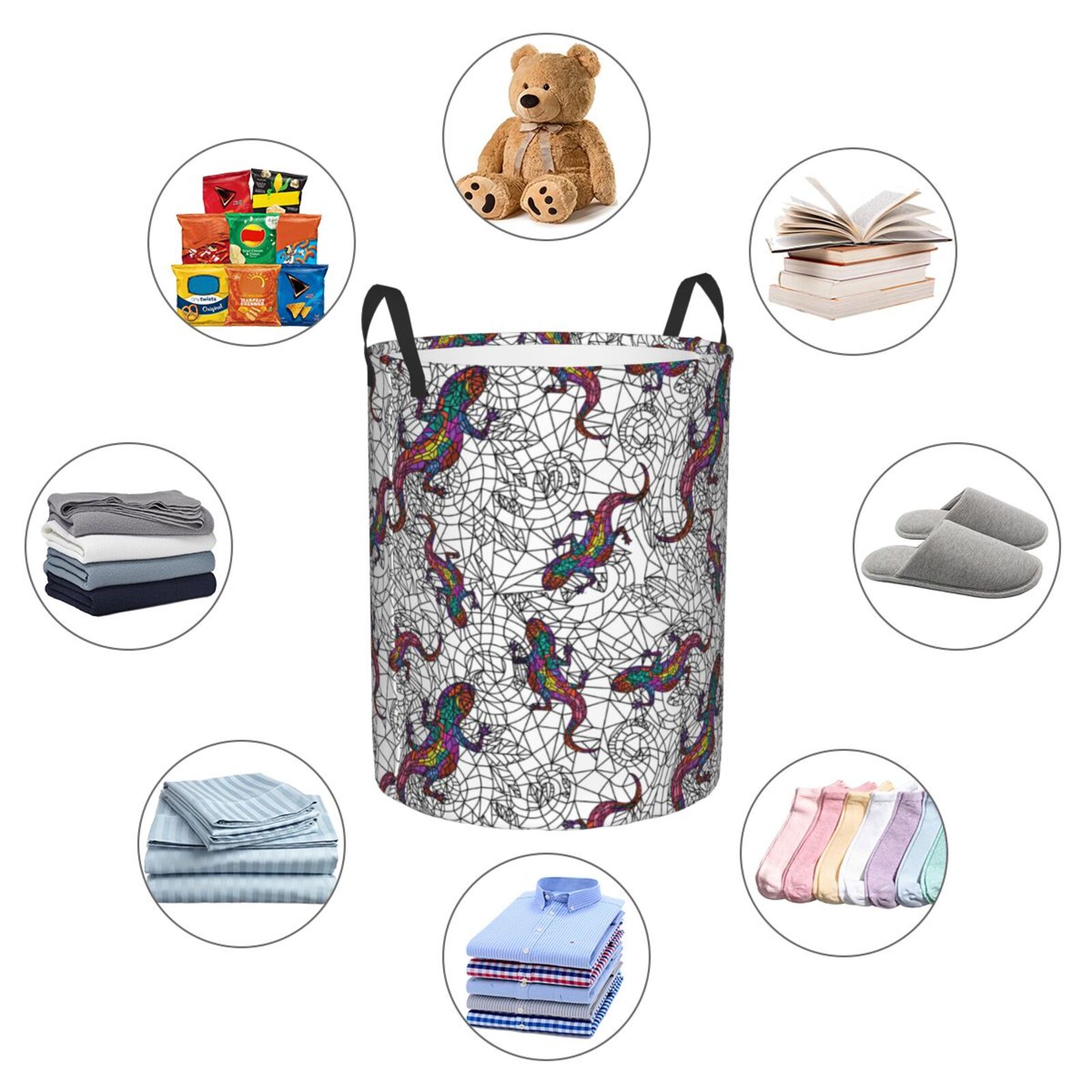 Large Laundry Basket with Handles - Colorful Lines Lizard Gecko Kids Baby Dirty Clothes Laundry Hamper for Bedroom Aesthetic