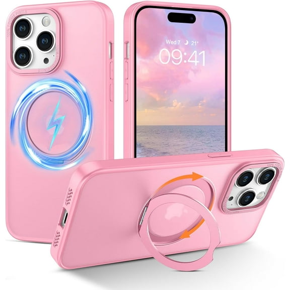 for iPhone 15 Pro Case, iPhone 15 Pro Phone Case Compatible with MagSafe [Built-in 360°Rotatable Magnetic Ring Holder] Translucent Shockproof Kickstand Case for iPhone 15 Pro 6.1'', Pink